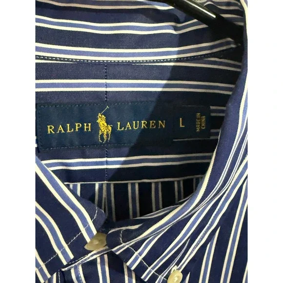 Ralph Lauren Button Down Shirt Mens Large Navy Blue White Striped  Long Sleeve - Picture 7 of 7